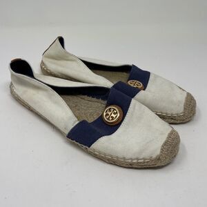 Tory Burch Beacher Canvas Espadrille Flat Ivory/Newport Navy Women's Size 9.5